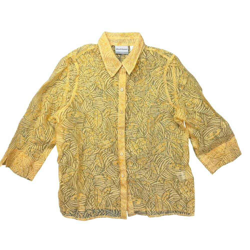 Alfred Dunner Top Womens 14 Petite Yellow Sheer Tropical Floral Long Sleeve Cute